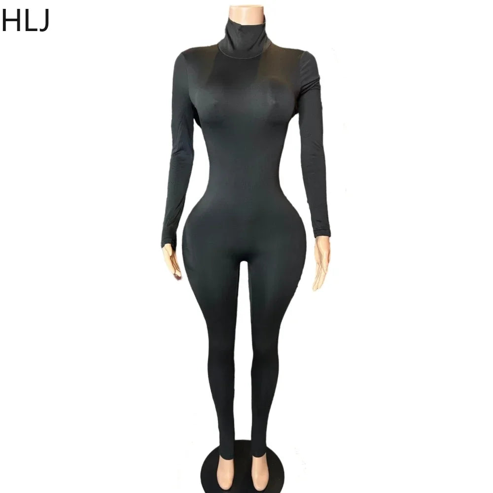 HLJ&GG Spring New Casual Solid Color Sporty One Piece Jumpsuits Women Turtleneck Long Sleeve Bodycon Playsuits Female Overalls