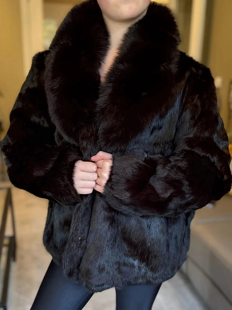 Fashion 100% Real Rabbit Fur Coat With Luxury Natural Fox Fur Collar Jacket Genuine Full Pelt Whole Rabbit Fur Overcoat