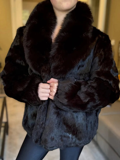 Fashion 100% Real Rabbit Fur Coat With Luxury Natural Fox Fur Collar Jacket Genuine Full Pelt Whole Rabbit Fur Overcoat