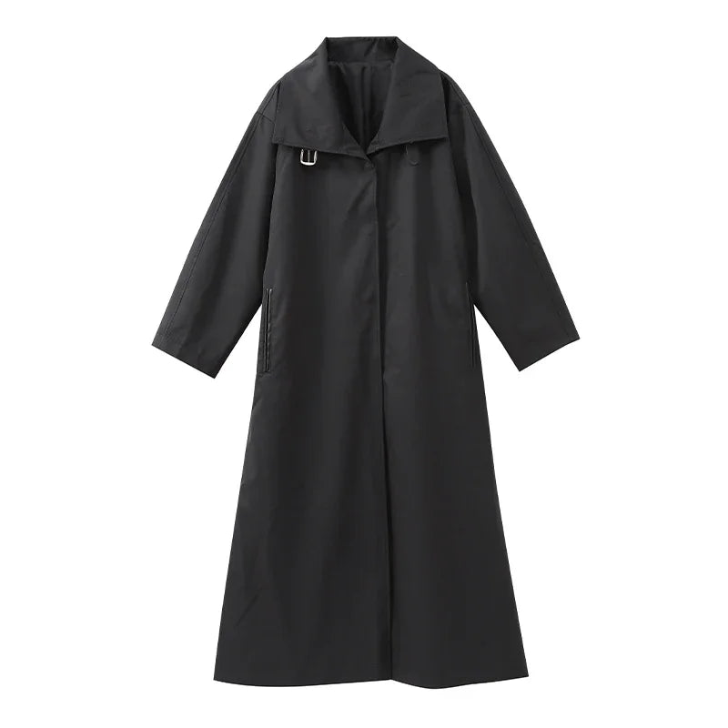 Black Stand Collar Trench Coat Women Casual Long Sleeve Single-breasted Loose Windbreaker 2026 Lady Autumn High Street Outwear