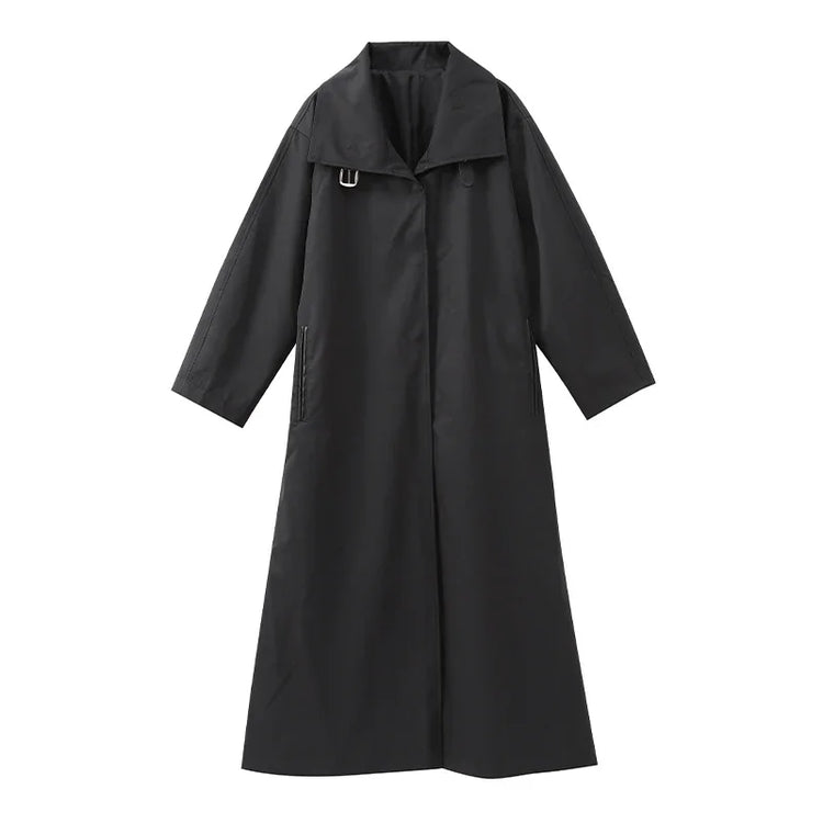 Black Stand Collar Trench Coat Women Casual Long Sleeve Single-breasted Loose Windbreaker 2026 Lady Autumn High Street Outwear