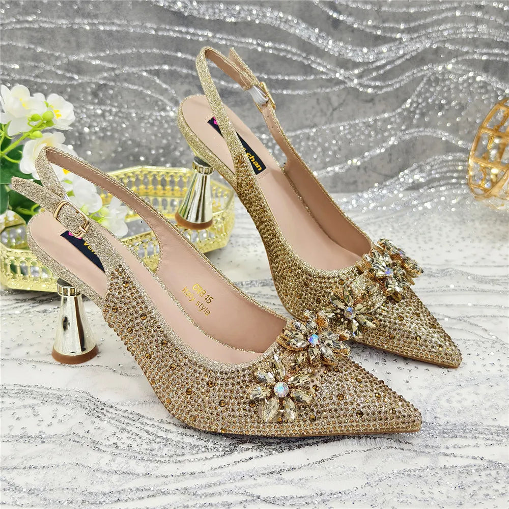 New Fashion Pointed Toe Shoes Heels Elegant Italian Woman Wedding for Party Shoes Women Party Pumps Decorated with Rhinestone