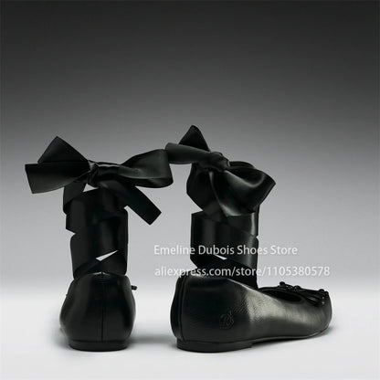 Metallic Square Toe Ankle Wrap Bow Ballet Flats PU Leather Lace up Gothic Street Club Party Plus Size Casual Shoes for Women