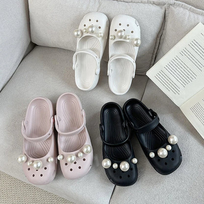 Clogs Summer Slippers Women Luxury Pearl Metal Flower Mary Janes Designer Ballet Shoes Girls Corc Charms Sandals Indoor Outdoor