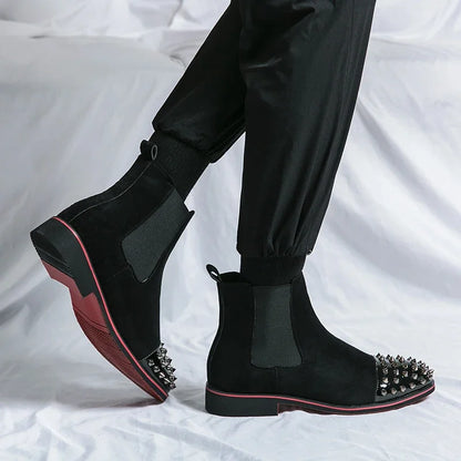 New Brown Men Chelsea Boots Flock Rivet Square Toe Red Sole Punk Handmade Men Short Boots  Bottes Pour Hommes