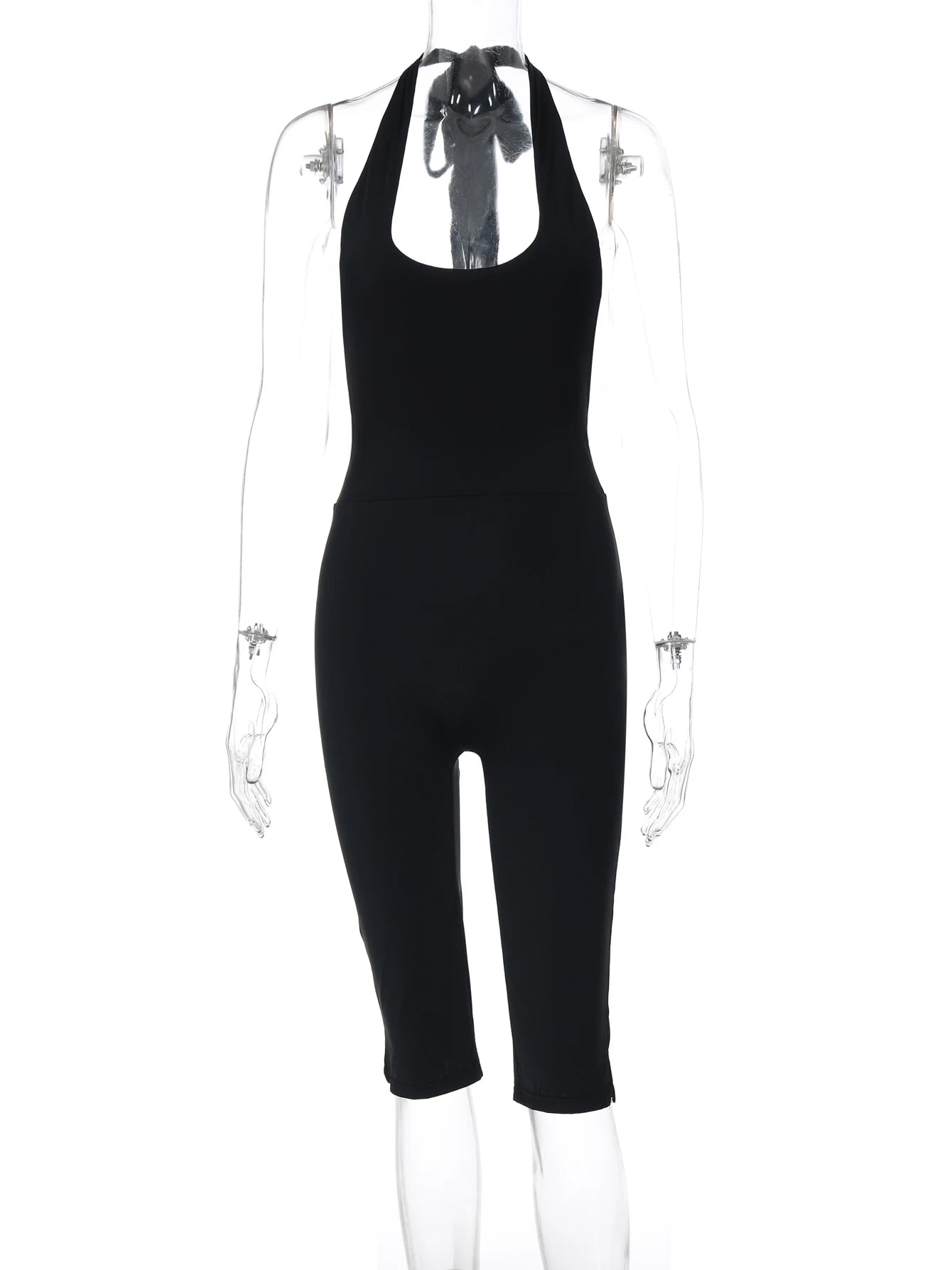 Hugcitar Halter Square Collar Black Sexy Backless Bandage Slit Skinny Playsuit Fashion Women One Piece Romper Streetwear Fitness