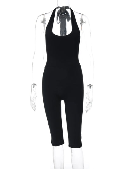 Hugcitar Halter Square Collar Black Sexy Backless Bandage Slit Skinny Playsuit Fashion Women One Piece Romper Streetwear Fitness
