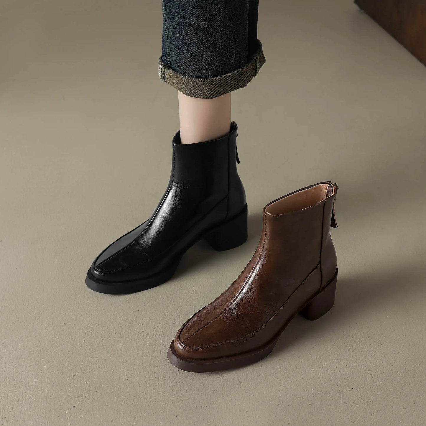 Plus Size 34-43 Cow Skin Round Toe Zipper High Heels Modern Motorcycles Boots Warm Winter Shoes Dating Retro Brand Ankle Boots