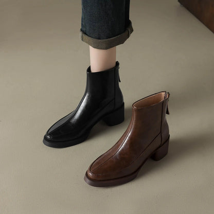 Plus Size 34-43 Cow Skin Round Toe Zipper High Heels Modern Motorcycles Boots Warm Winter Shoes Dating Retro Brand Ankle Boots