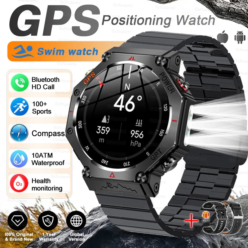 New Military Real GPS Smart Watch Men 10ATM IP69K Waterproof Swim Sports Watches Flashlight Bluetooth Call AMOLED HD Smartwatch