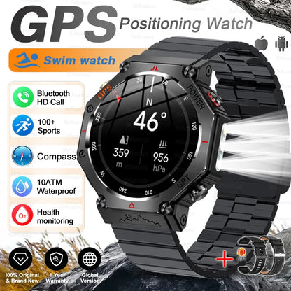New Military Real GPS Smart Watch Men 10ATM IP69K Waterproof Swim Sports Watches Flashlight Bluetooth Call AMOLED HD Smartwatch