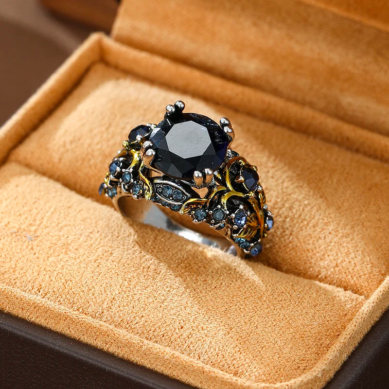 Gold Color Leaf Shaped Inlaid Blue Synthetic Zirconia Ring Suitable for Women's Banquets Engagements Jewelry Accessories Gifts