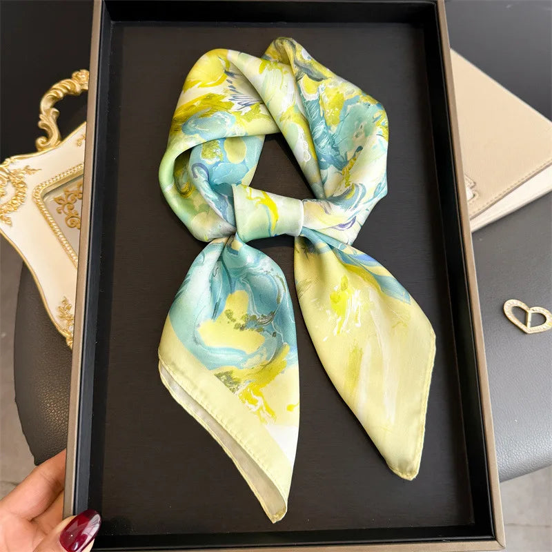 70cm Silk Square Scarf for Women Elegant Printed Neckerchief Sunscreen Shawl Headscarf for Office Commute Bandana and Bag Ribbon
