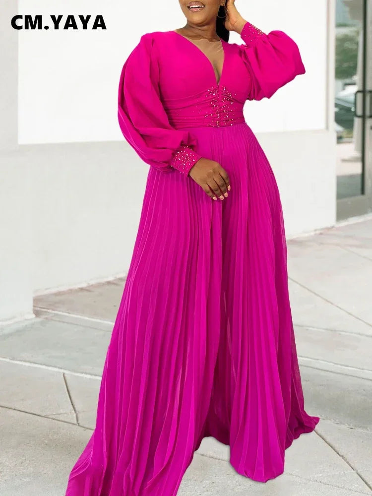 CM.YAYA Women Diamonds Long Sleeve Pleated V-neck Wide Leg Long Jumpsuits Party Beach Fashion Street Sexy Africa Outfit Rompers