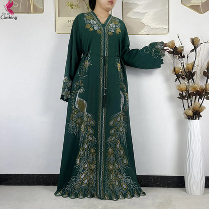 2026New Dubai Muslim Women Modest Dress Diamond Chiffon Elegant Arabic Femme Hijab African Abaya Islamic Long Sleeve Turkey Robe