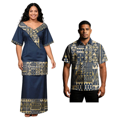 Holiday Party Hawaiian Tropical Pattern Couple Outfits Polynesian Men Button Shirts Women Tribal Design Church Samoan Puletasi