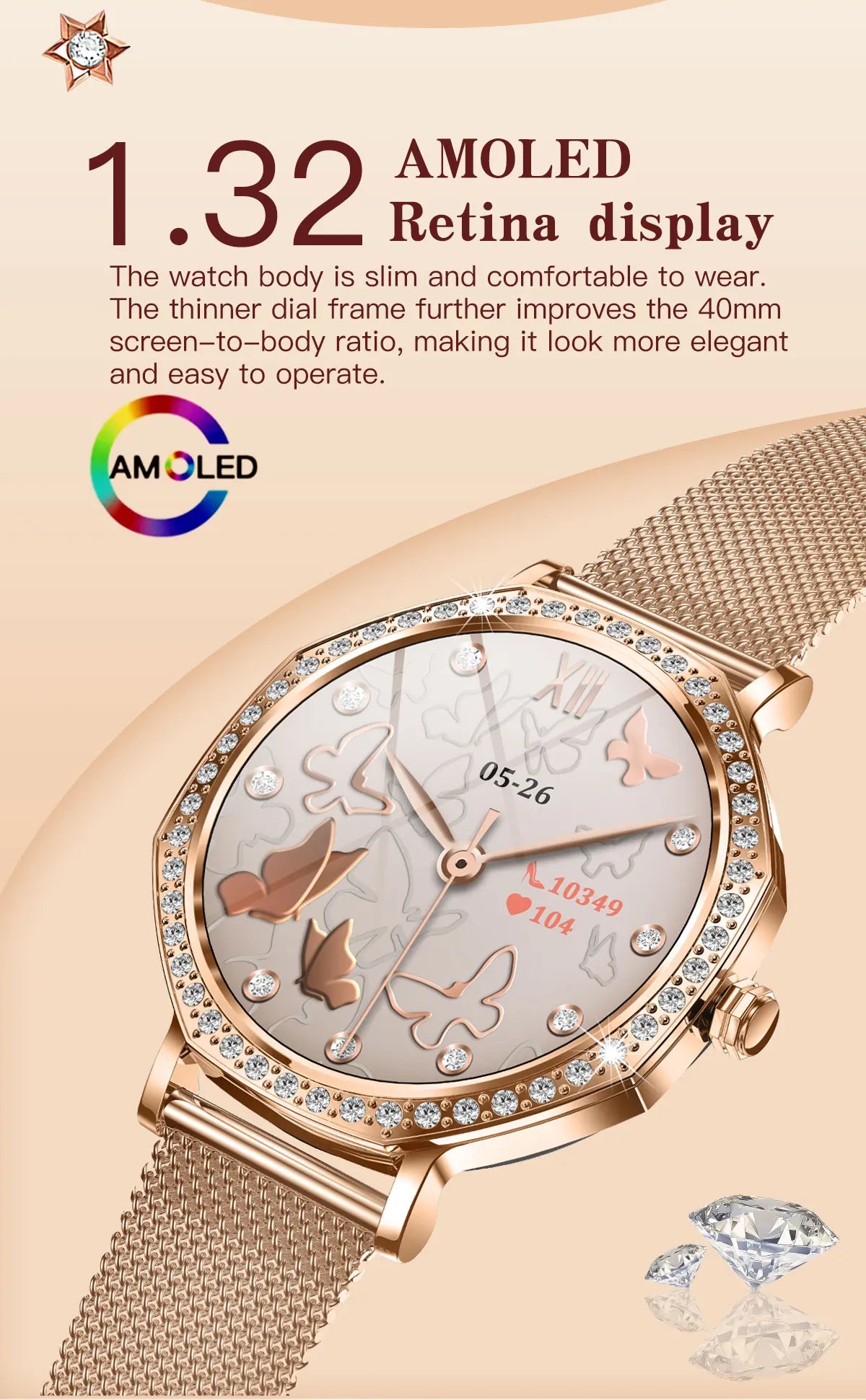 2026 New Ladies' Fashion Smartwatch Diamond Frame HD AMOLED Screen Bluetooth Call Health Monitoring Waterproof Smart Watch Gift