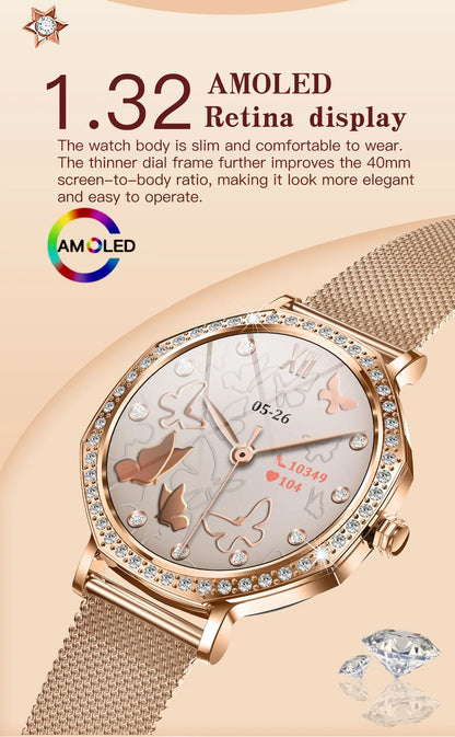 2026 New Ladies' Fashion Smartwatch Diamond Frame HD AMOLED Screen Bluetooth Call Health Monitoring Waterproof Smart Watch Gift