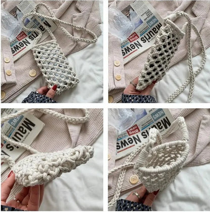 Hollow-out Woven Crochet Small Crossbody Phone Bag Women Fashion Solid Color Lightweight Braided Shoulder Handbag Crossbody Bags