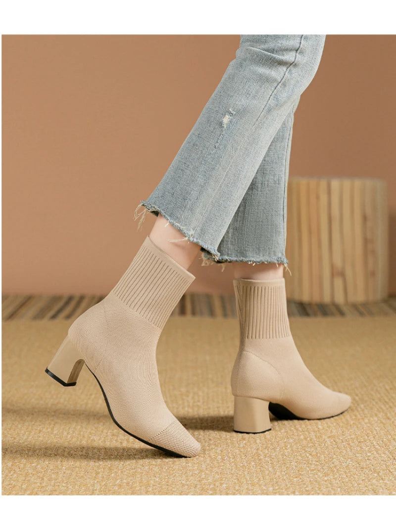 Black Square Toe Knit Sock Boots Elastic Slim Thick Block Heel High Heels Short Boots Fashion Autumn Casual Skinny Ankle Boots