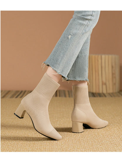 Black Square Toe Knit Sock Boots Elastic Slim Thick Block Heel High Heels Short Boots Fashion Autumn Casual Skinny Ankle Boots