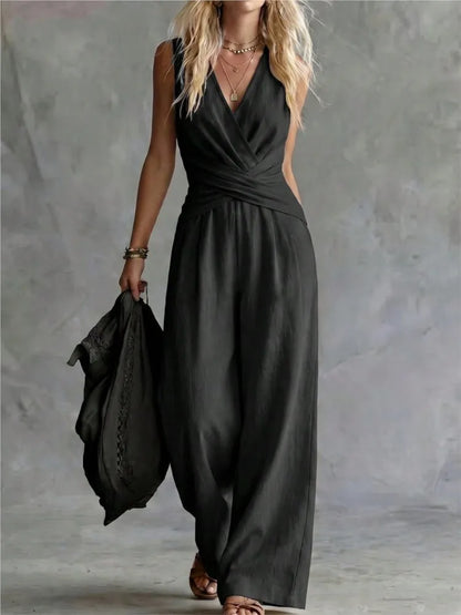 Fashion Light Blue Wide Leg Pants Jumpsuit Women's V-neck Sleeveless Cross Wrap Waist Design Rompers Summer Casual Jumpsuits