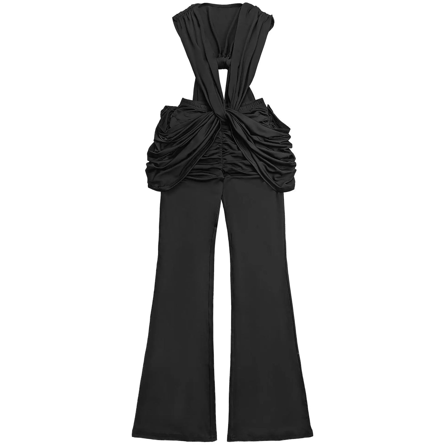 HLJ Sexy Solid Color Bodycon Jumpsuits Women Halter Deep V Neck High Waist Ruched Flare Rompers Party Club Streetwear Overalls