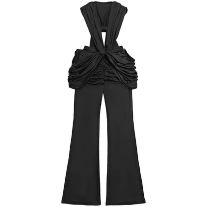 HLJ Sexy Solid Color Bodycon Jumpsuits Women Halter Deep V Neck High Waist Ruched Flare Rompers Party Club Streetwear Overalls