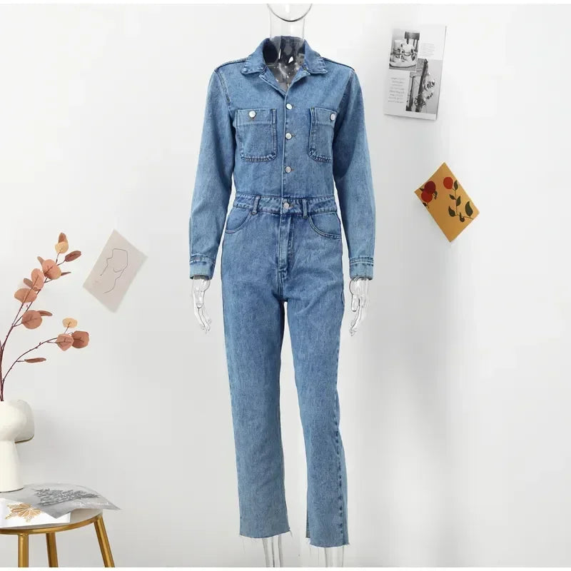 Autumn Denim Jumpsuit for Women Overalls Woman Jean Overalls Long Sleeve Elegant Jumpsuits Y2k Streetwear 2024 Turn Down Collar
