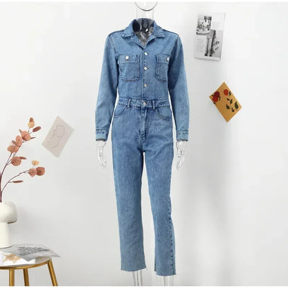 Autumn Denim Jumpsuit for Women Overalls Woman Jean Overalls Long Sleeve Elegant Jumpsuits Y2k Streetwear 2024 Turn Down Collar