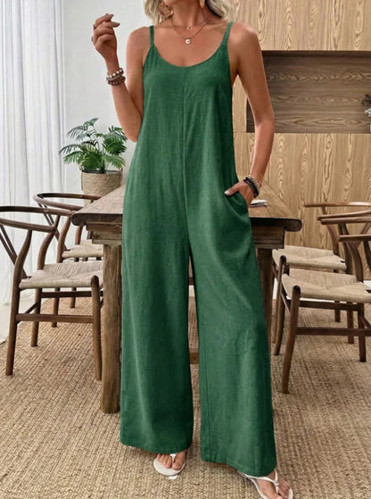 Women's Summer Spaghetti Strap Sleeveless Streetwear Jumpsuits Holiday Simple Chic Playsuits Patchwork Wide Leg Pants Bodysuits