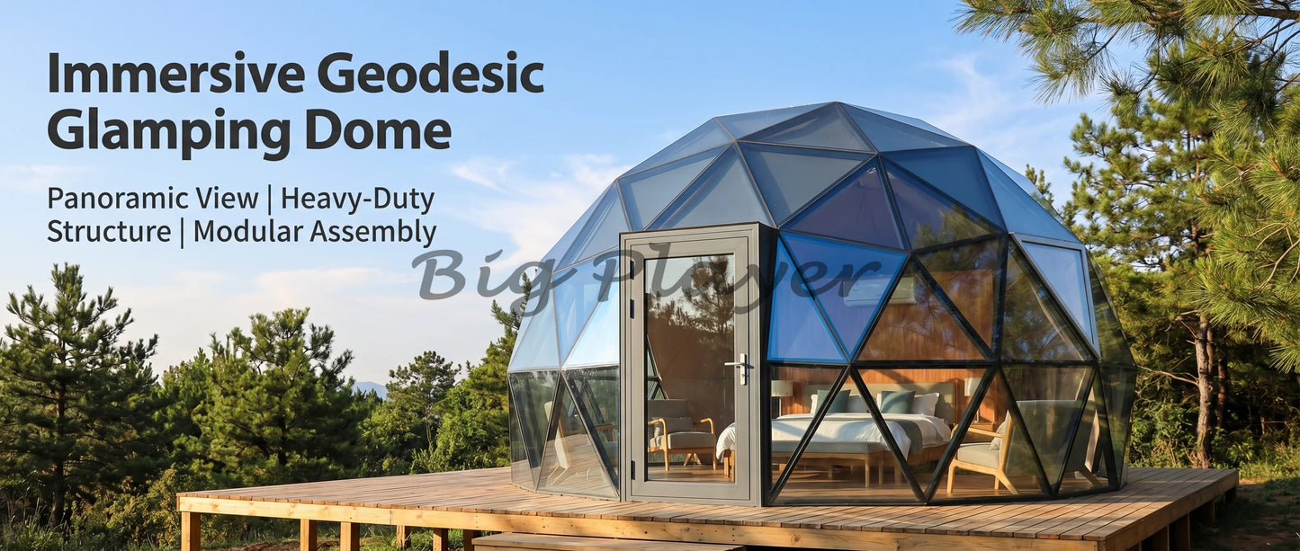 Hexagonal Tempered Glass Dome House, Geodesic Igloo Tent with Aluminum Frame, Luxury Outdoor Resort Round Camping Hotel Shelter