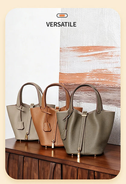Women Tote Bags 100% Genuine Leather Bucket Female Fashion Solid Designer Shopper Shoulder Handbags Brand Trend Purses