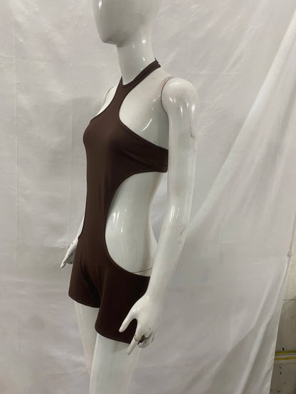 New Arrival: European and American Style Women's Sexy Halter Neck Backless Tight-Fitting Hollowed-Out Bodysuit, Solid Color Top