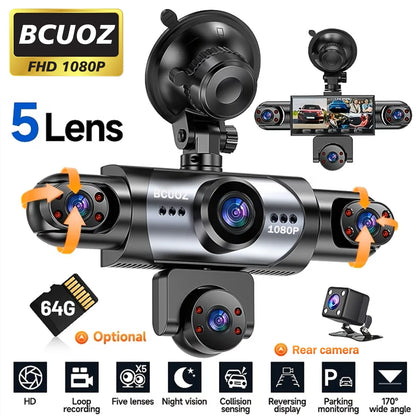 BCUOZ 5-Lens 360° Dashcam with Super Night Vision - 1080P Front 720P Rear Left Right Car Cameras Loop Recording G-Sensor WDR 12-24V Plug Power Supply Optional 64GB Memory Card