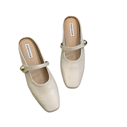 Soft Leather 2025 Ins Silver Buckle Strap Casual Shoes Fashion Flats Elegant Glitter Metallic Mules Shoes Cover Toe Slippers