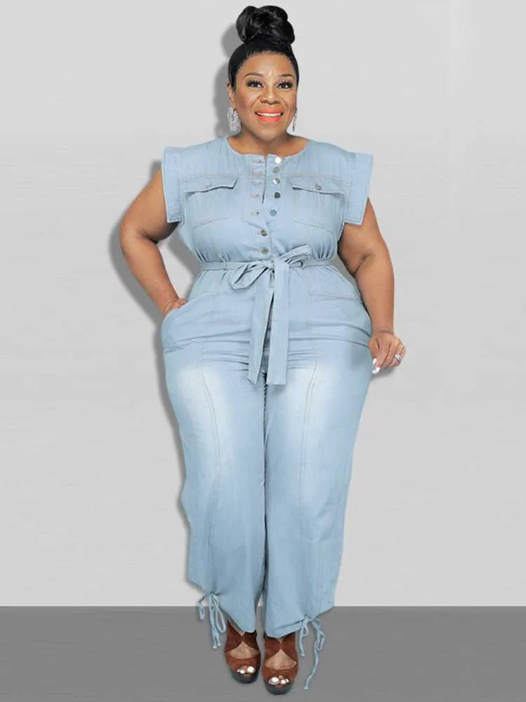 Women Clothes Summer Denim One Piece Overalls Casual Elegant Long Jumpsuits Female Pants Jumpsuit Plus Size Jean Jumpsuit