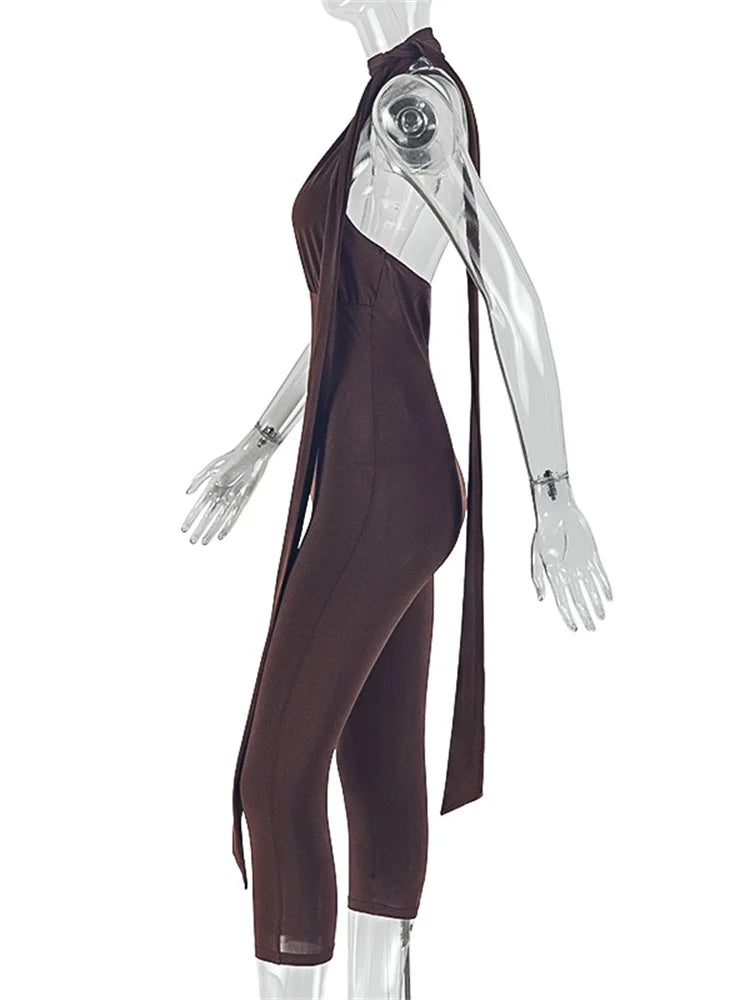 Kliou Sexy Backless Jumpsuits Woman Halter Ribbon Deep V-Neck Sleeveless Skinny Peach Hip Hot Girls High Street Fashion Overalls
