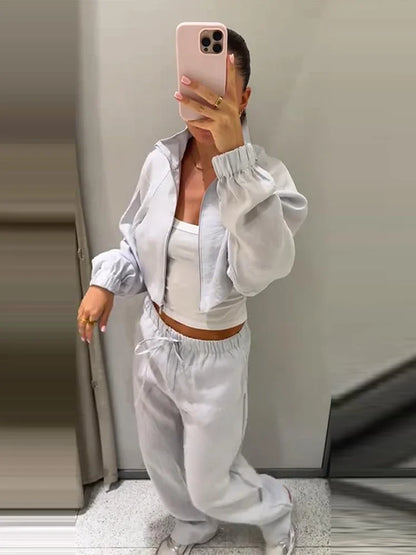 Stand Collar Thin Cropped Coats Pants Suits Women Street Lantern Long Sleeve Zipper Loose Tops Drawstring Wide Leg Trousers Sets