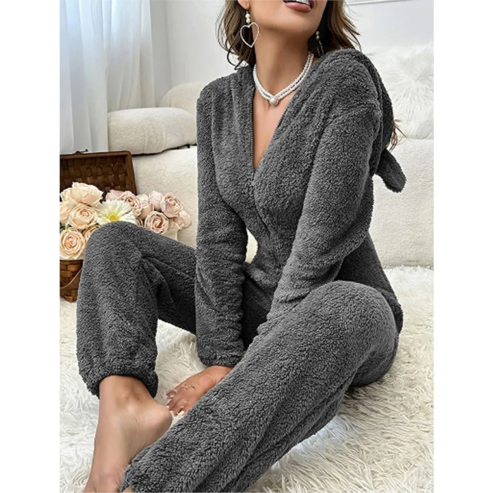 Fashion Plush Ear Hooded One-piece Pajamas Women Autumn Winter New V-neck Long-sleeved Loose Casual Trousers Home Wear Jumpsuits