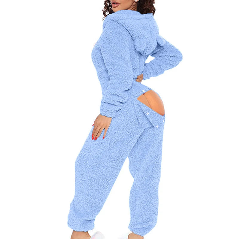 Women Fluffy Hooded Jumpsuits Velvet Plush Casual Loose Hoodies Bodysuits Winter Warm Tracksuits Button Open Butt Rompers 2XL