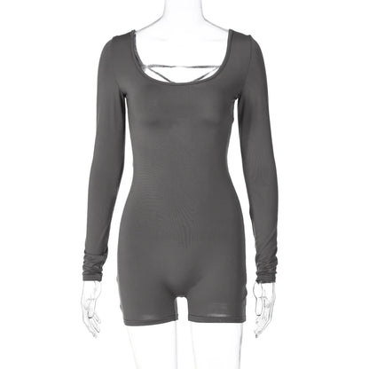 Hugcitar Long Sleeves Backless Solid Lace Up Sexy Slim Skinny Playsuit 2024 Fall Women Fashion Y2K Streetwear Party Club Rompe