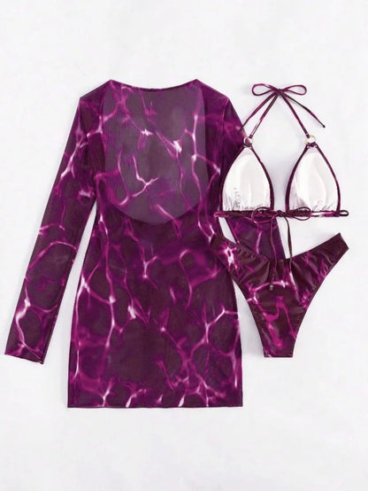 3 Piece Bikini Set Women Swimsuit Halter Cutout Metal Ring Mesh Cover Up Beach Dress Swimwear Bathing Suit