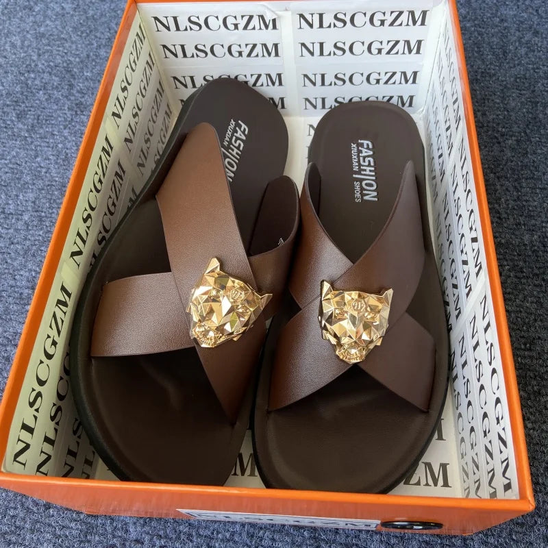 size38-48 original shoes brand summer leather slides for man black brown fashion shoes for mens slippers business beach slippers
