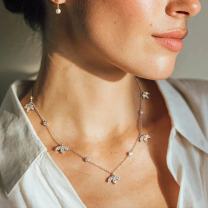 EWYA Floral Cluster Scatter Station Moissanite Necklace S925 Silver V‑Curve Smile Stackable Collarbone Neck Chain Women Gift