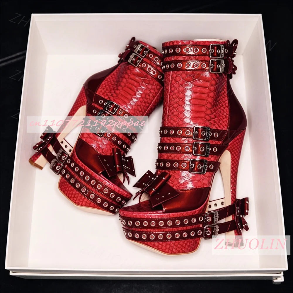Women High Heel Sandals Open Toe Platform Stiletto Strappy Boots Studded Rivet Bow  Crocodile Embossed Texture Party Punk Shoes