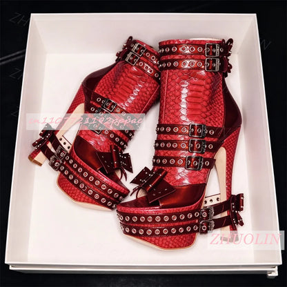 Women High Heel Sandals Open Toe Platform Stiletto Strappy Boots Studded Rivet Bow  Crocodile Embossed Texture Party Punk Shoes
