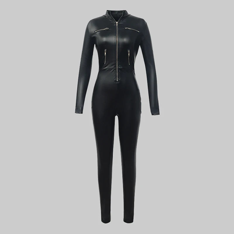 Krisnanas Women's PU Leather Jumpsuits Woman Clothes Stylish Zipper Collar Cool Jumpsuit Leggings One Piece Sweatpants 91981
