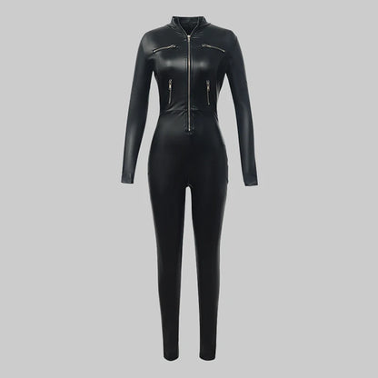 Krisnanas Women's PU Leather Jumpsuits Woman Clothes Stylish Zipper Collar Cool Jumpsuit Leggings One Piece Sweatpants 91981