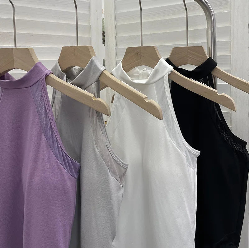 ISAROSE Summer Sexy Bodysuit for Women Stretch Braless Solid Color Back Zipper Sleeveless Basic Design Slim Halter Jumpsuit